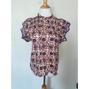 House of Harlow 1960 Marble Rust Ruffle Sleeve Blouse Smocked Top Size Medium